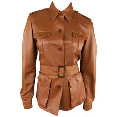 RALPH LAUREN COLLECTION Size 8 Light Brown Leather Belted Military Jacket