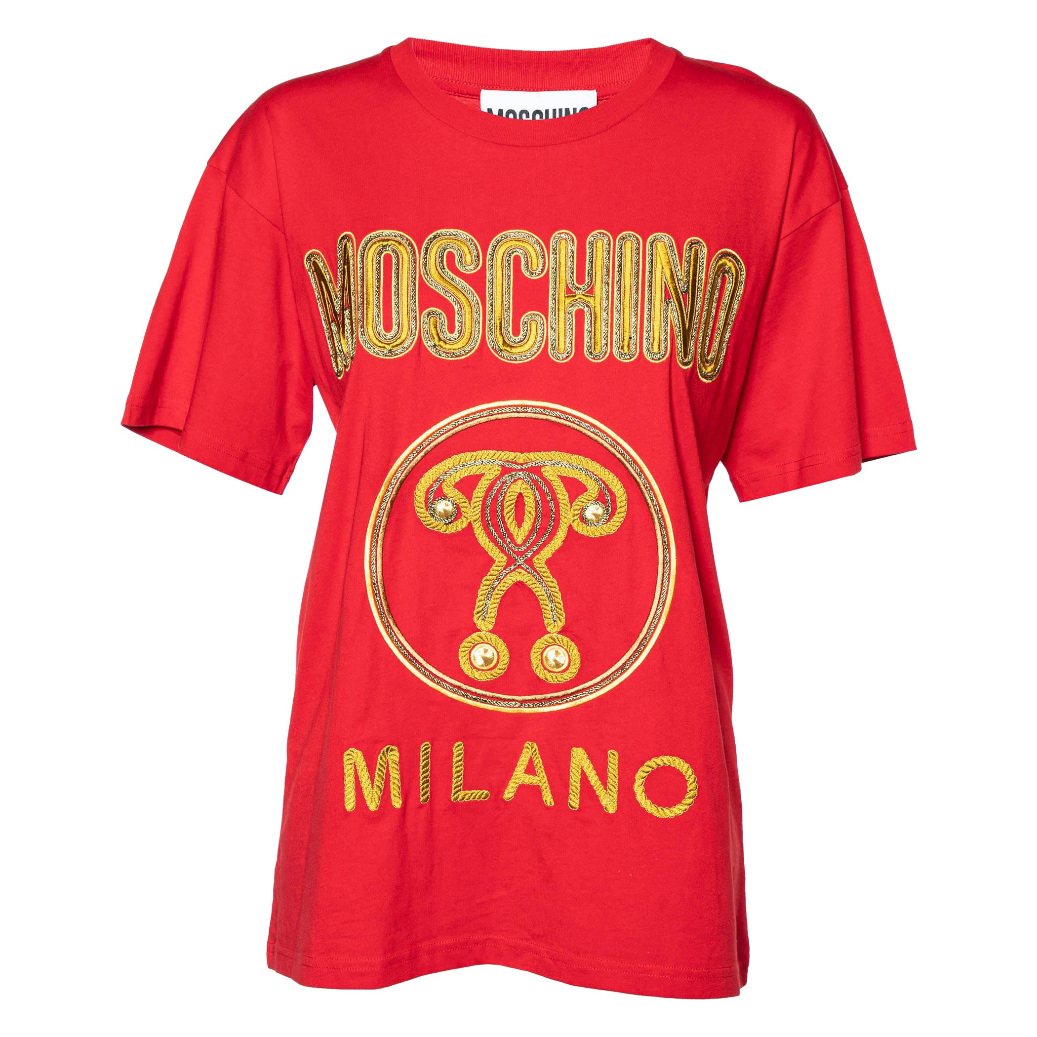 Moschino Couture Red Cotton Knit Logo Embroidered Oversized T-Shirt XXS For Sale