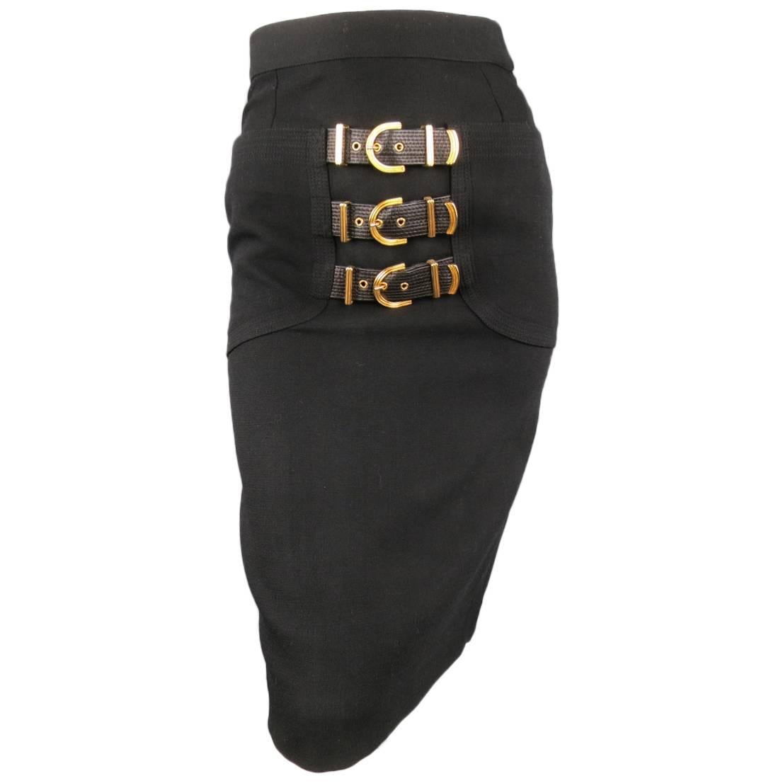 GIANNI VERSACE Fall 1992 6 Black 
Gold Wool / Silk Bondage Collection Skirt