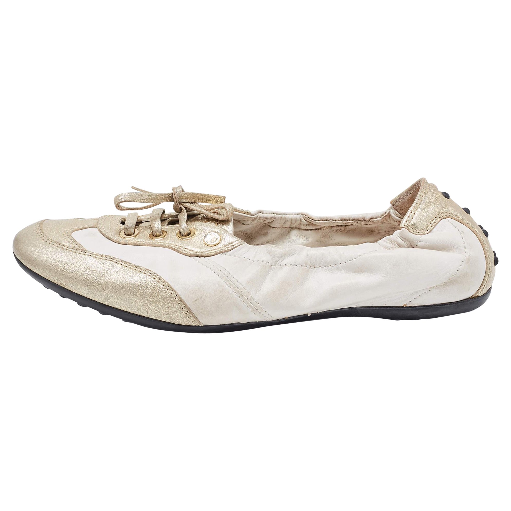 Tod's White/Gold Leather Gomma Lace Up Loafers Size 36 For Sale