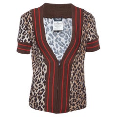 D&G Brown leopard Printed Cotton Knit V-Neck Crop Jacket L