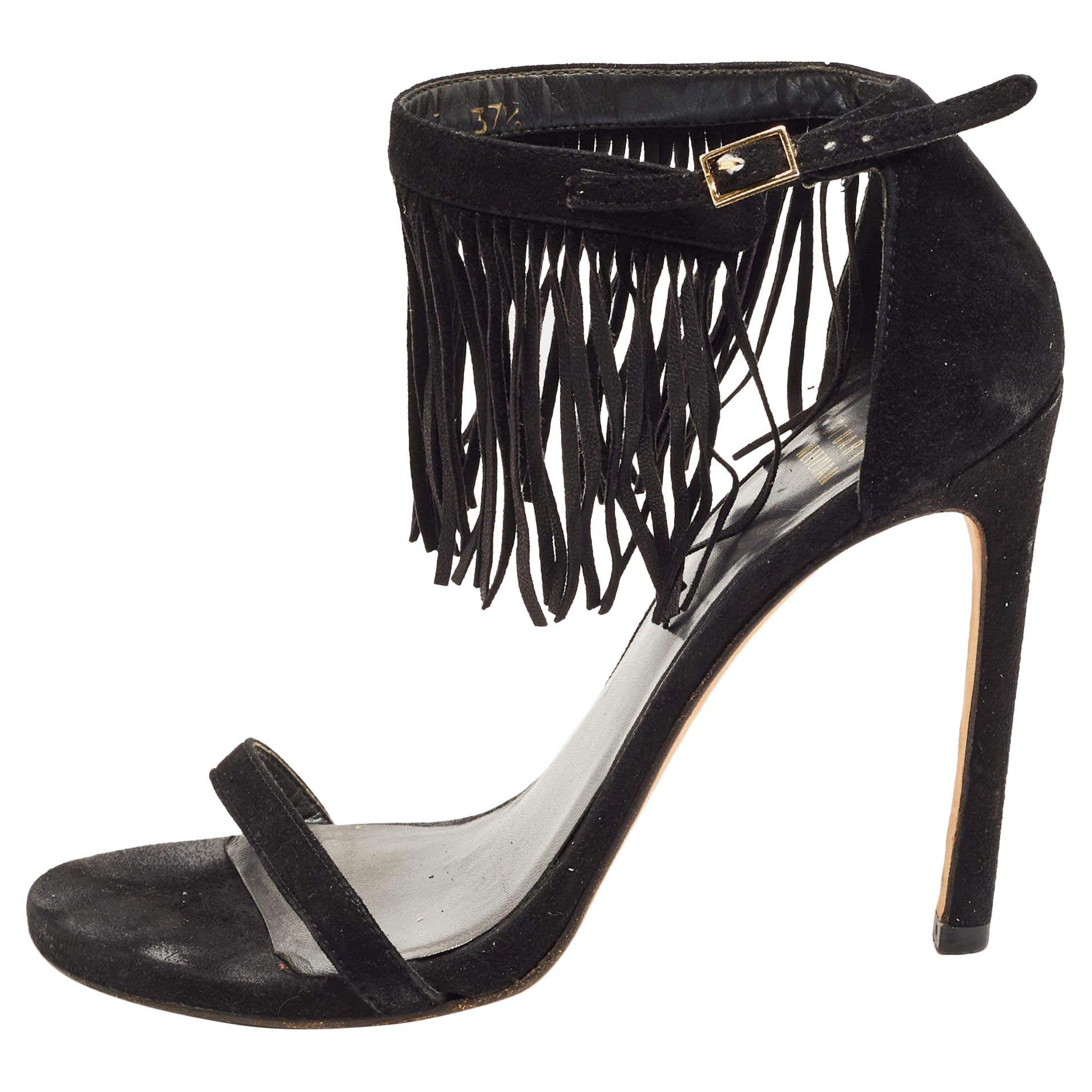 Stuart Weitzman Black Suede Love Fringe Ankle Strap Sandals Size 37.5 For Sale