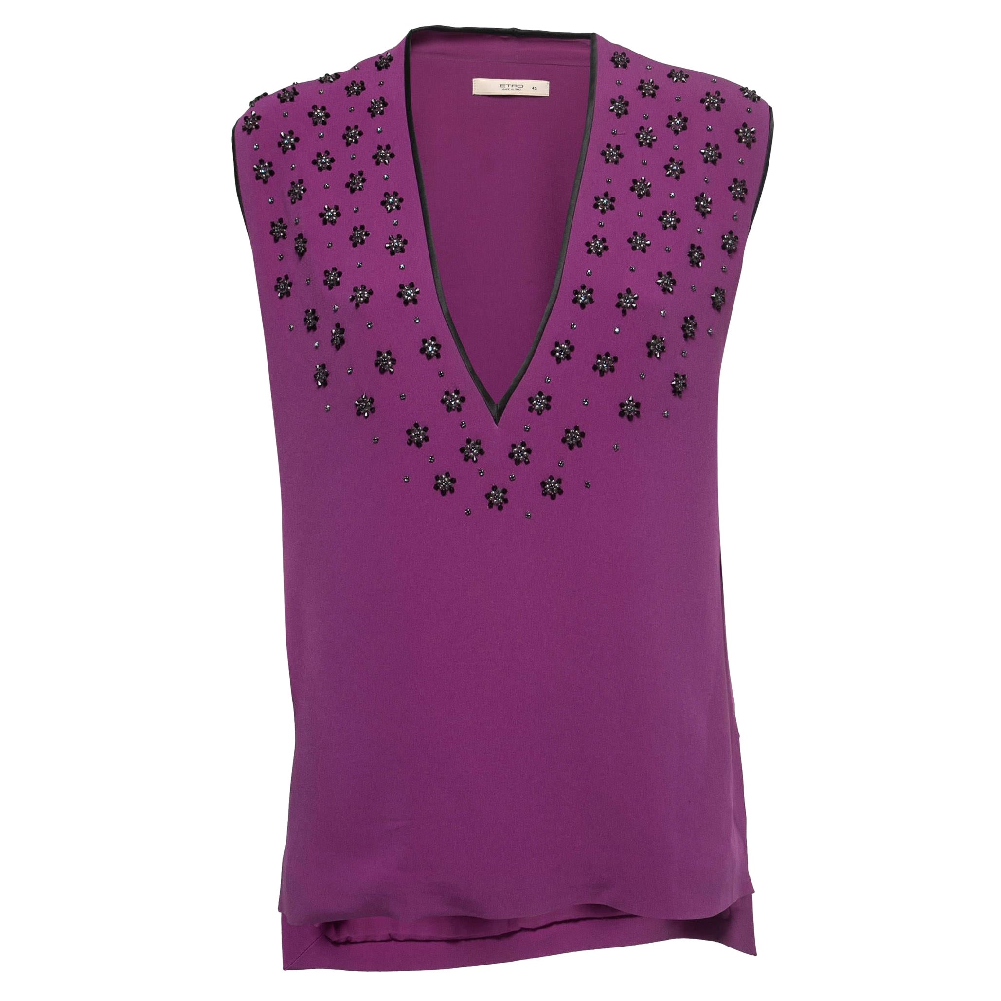 Etro Purple Crepe Beads Embellished V-Neck Sleeveless Blouse M