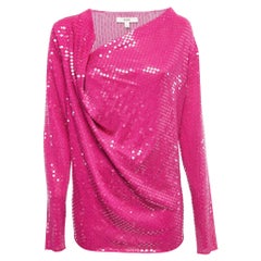 Kenzo Pink Sequin Embellished Silk Knit Draped Long Sleeve Tunic L