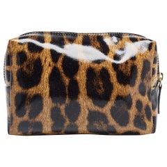 Roberto Cavalli Brown/Black Leopard Print Patent Leather Cosmetic Pouch (pochette à cosmétiques en cuir verni)