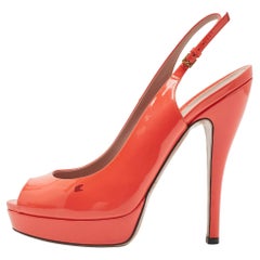Gucci Orange Patent Leather Peep Toe Platform Pumps Size 39