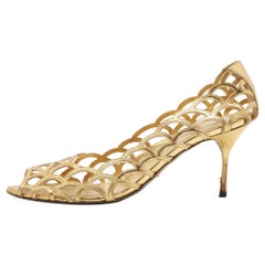Sergio Rossi Metallic Gold Leather Laser Cut Peep Toe Pumps Size 41.5