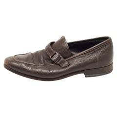 Used Salvatore Ferragamo Dark Brown Leather Side Buckle Loafers Size 39.5