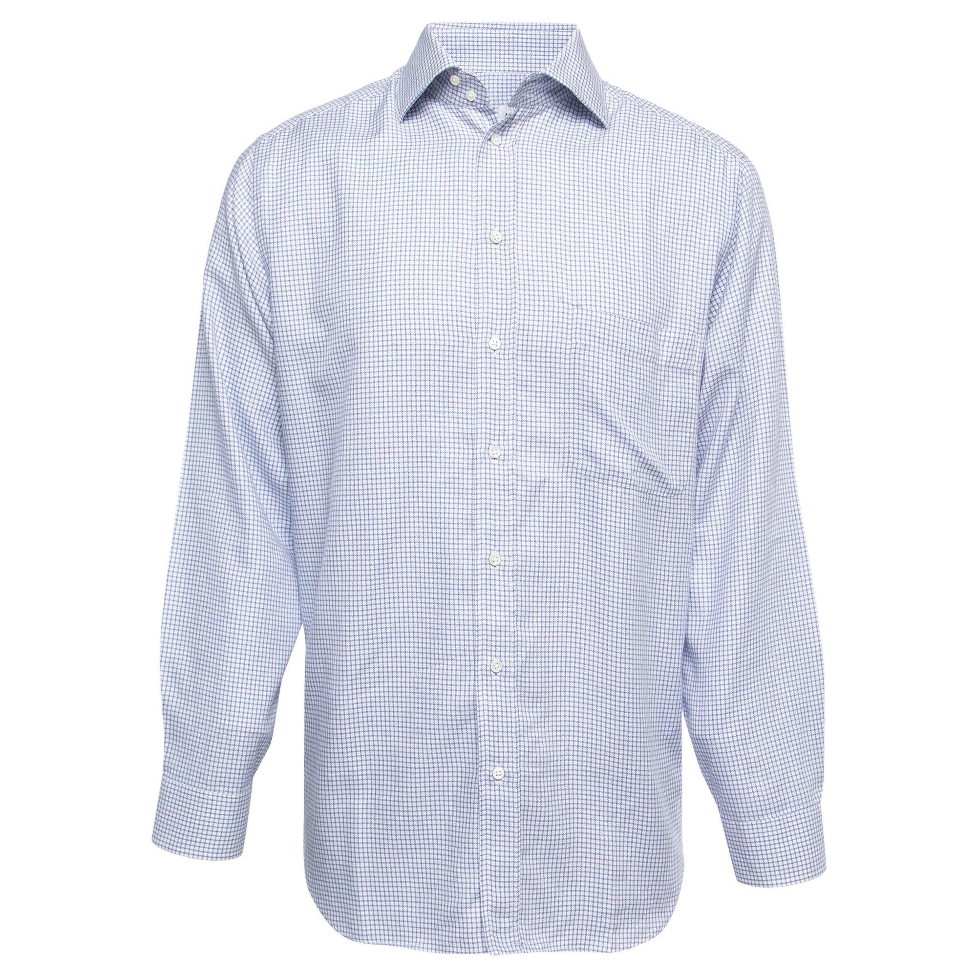 Armani Collezioni Blue Checked Cotton Button Front Full Sleeve Shirt M For Sale