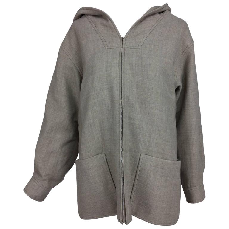 Vintage Rare Galanos flat weave taupe wool zipper front hooded jacket