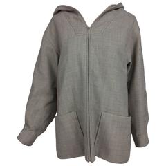 Vintage Rare Galanos flat weave taupe wool zipper front hooded jacket 1950s 2