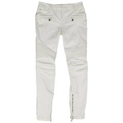 BALMAIN Jeans Size 4 White Cotton Gold Zip Moto