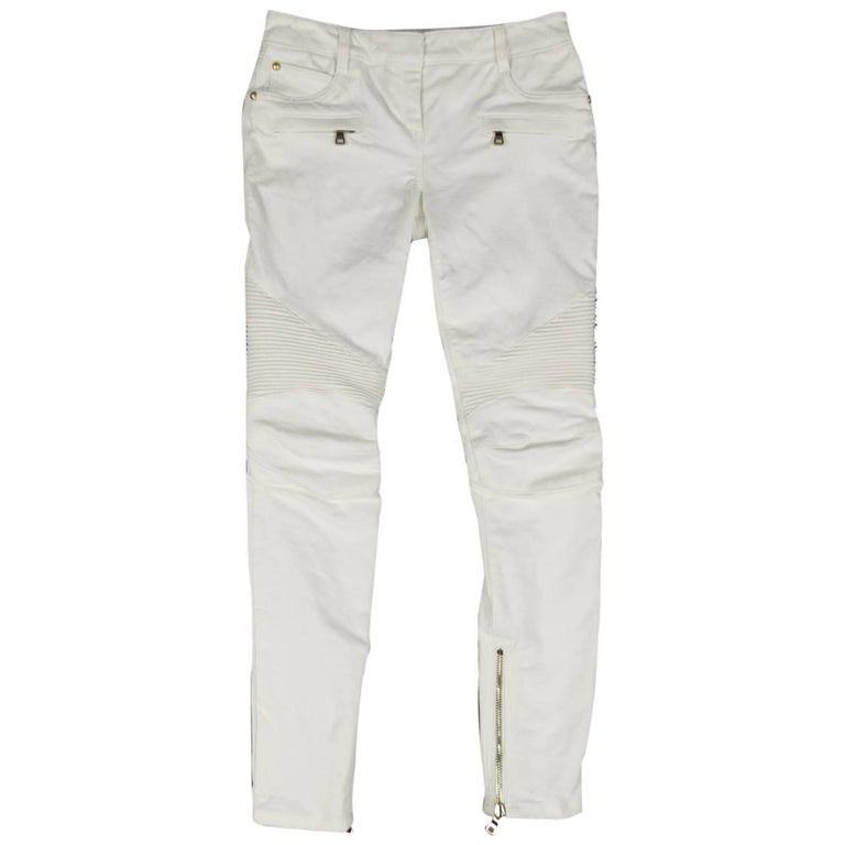 BALMAIN Jeans Size 4 White Cotton Gold Zip Moto For Sale at 1stDibs