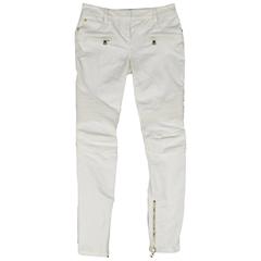 BALMAIN Size 4 White Cotton Gold Zip Moto Jeans 1