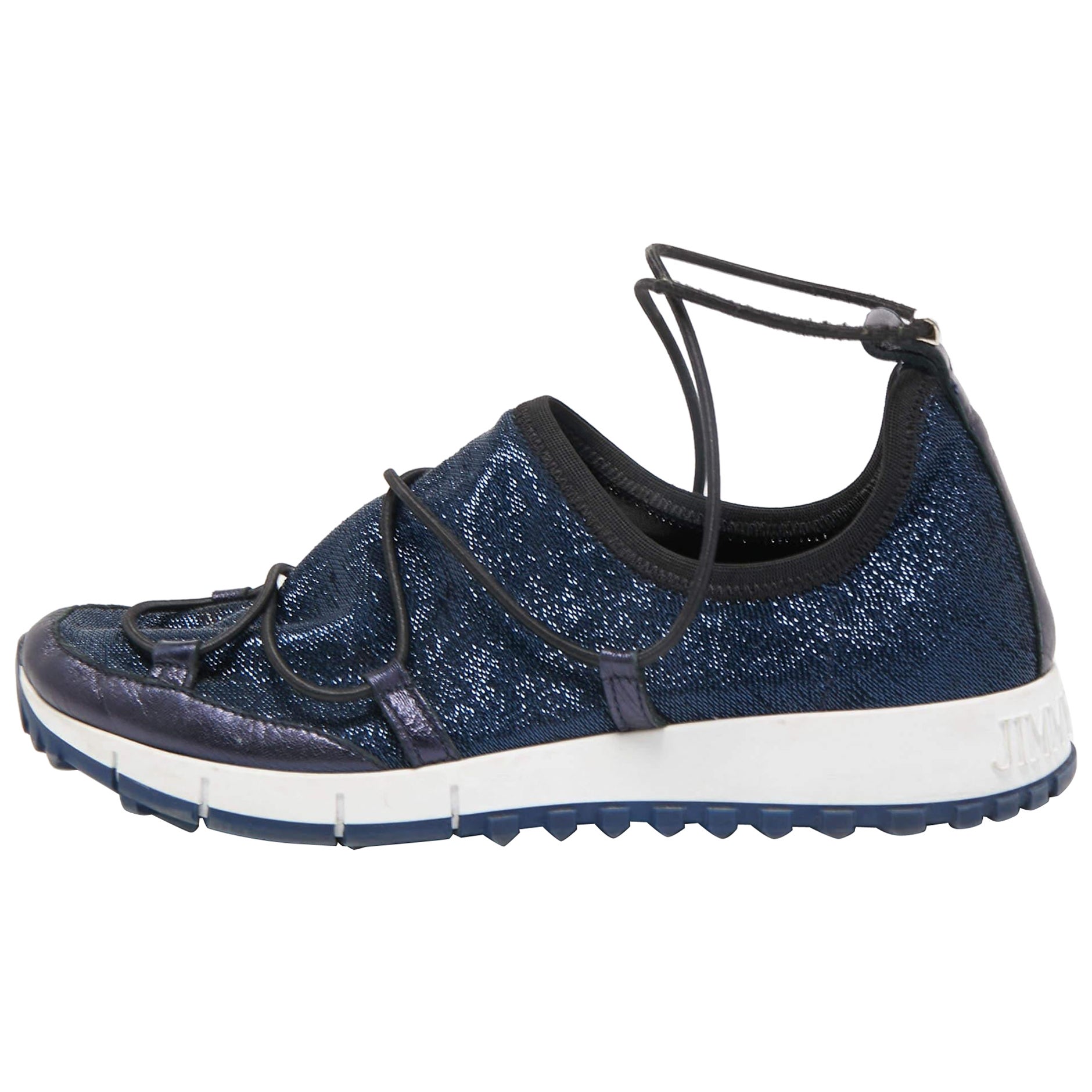 Jimmy Choo Navy Blue Lurex Fabric and Leather Andrea Sneakers Size 35 For Sale