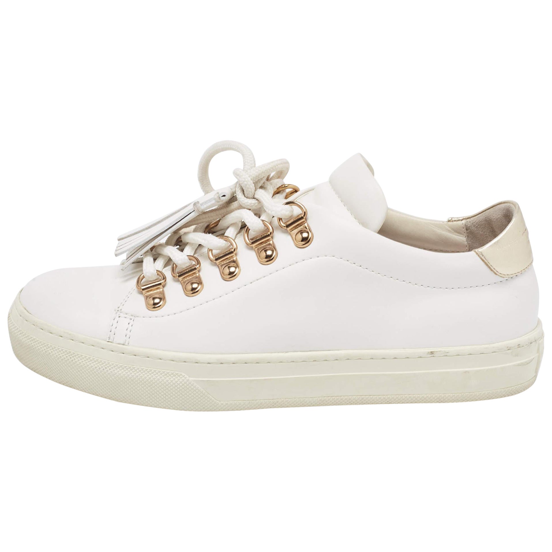 Tod's White Leather Tassel Lace Up Sneakers Taglia 34.5 in vendita