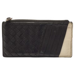 Bottega Veneta Black/White Intrecciato Leather Zip Card Holder