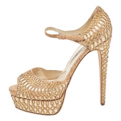 Brian Atwood Brown/Metallic Cork and Leather Ankle Strap Sandals Size 40 (Sandales à lanières de liège et de cuir)