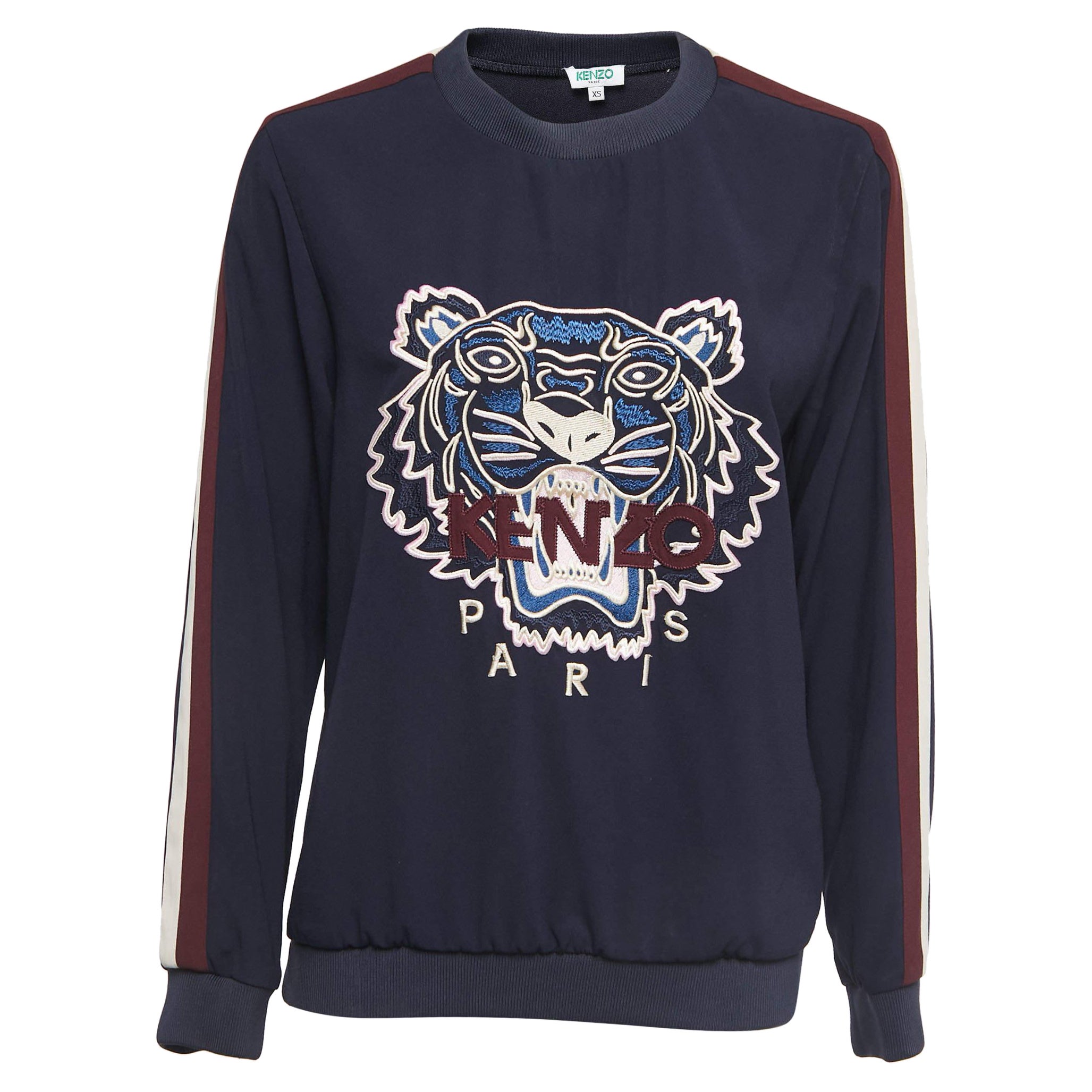 Kenzo Navy Blue Logo Embroidered Crepe Crew Neck Sweatshirt XS For Sale