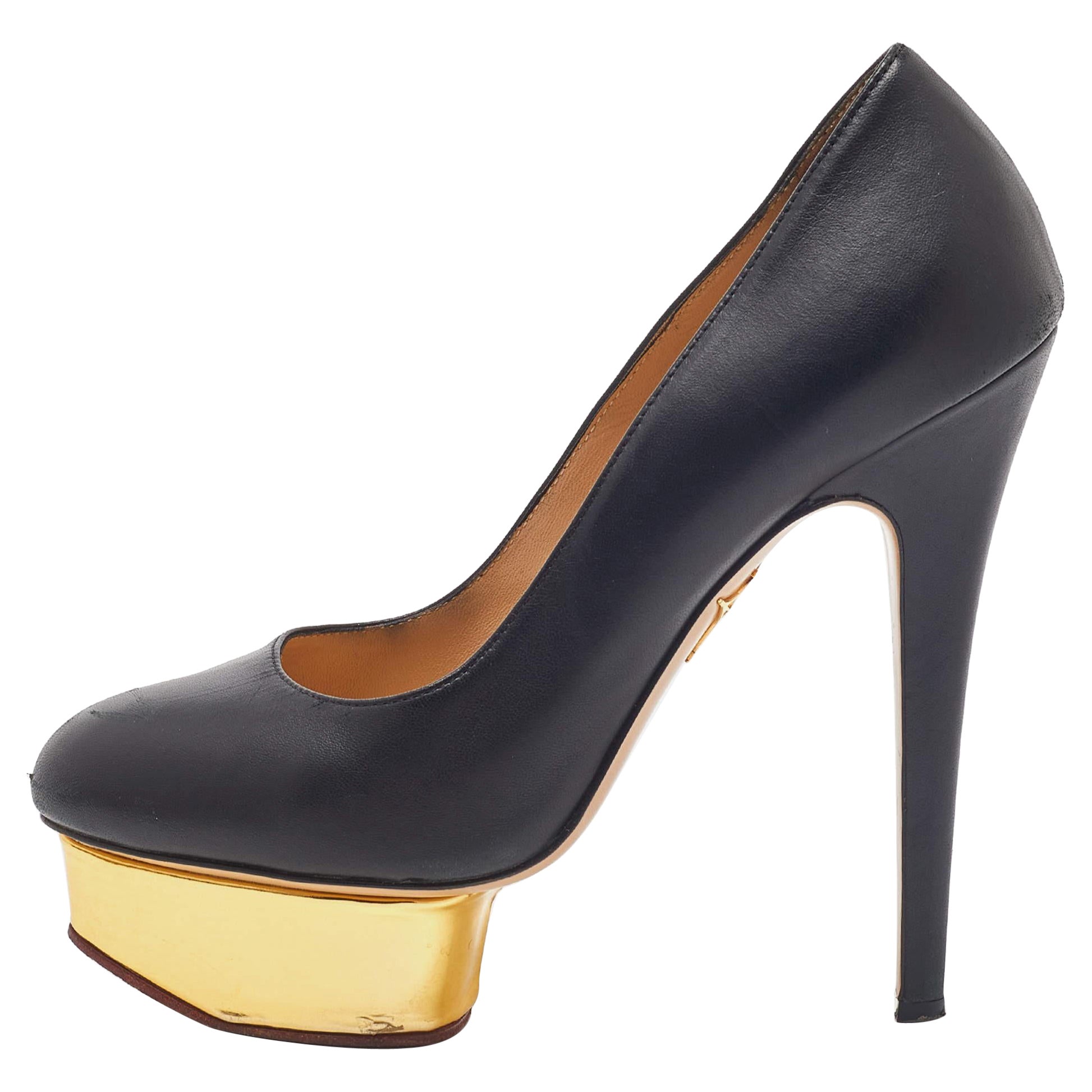 Charlotte Olympia Black Leather Dolly Platform Pumps Size 38 For Sale