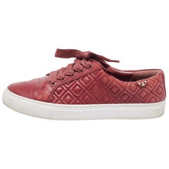Tory Burch Red Quilted Leather Marion Lace Up Sneakers Size 38
