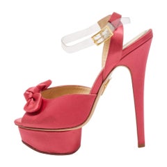 Charlotte Olympia Pink Satin Serena Bow Ankle Strap Platform Sandals Size 38