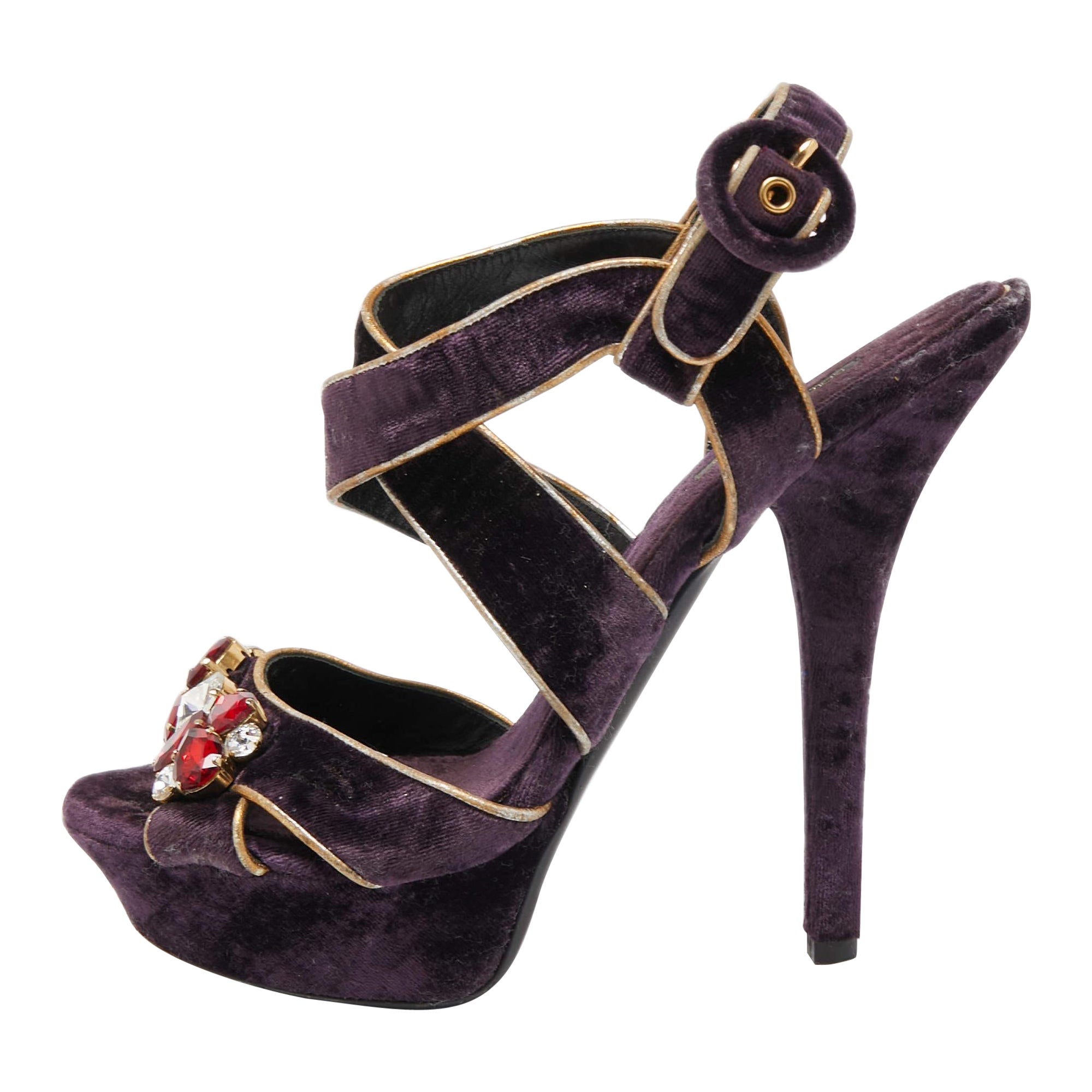 Dolce & Gabbana Sandali con cinturino alla caviglia in pelle e velluto viola misura 39,5 in vendita