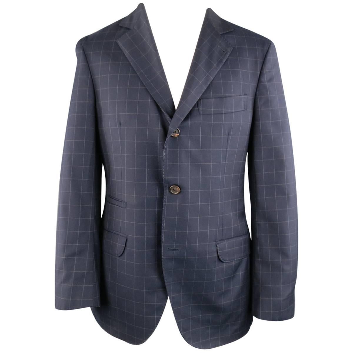 Mens BRUNELLO CUCINELLI 38 Windowpane Navy Wool Beige Suede Elbow Pad Sport Coat