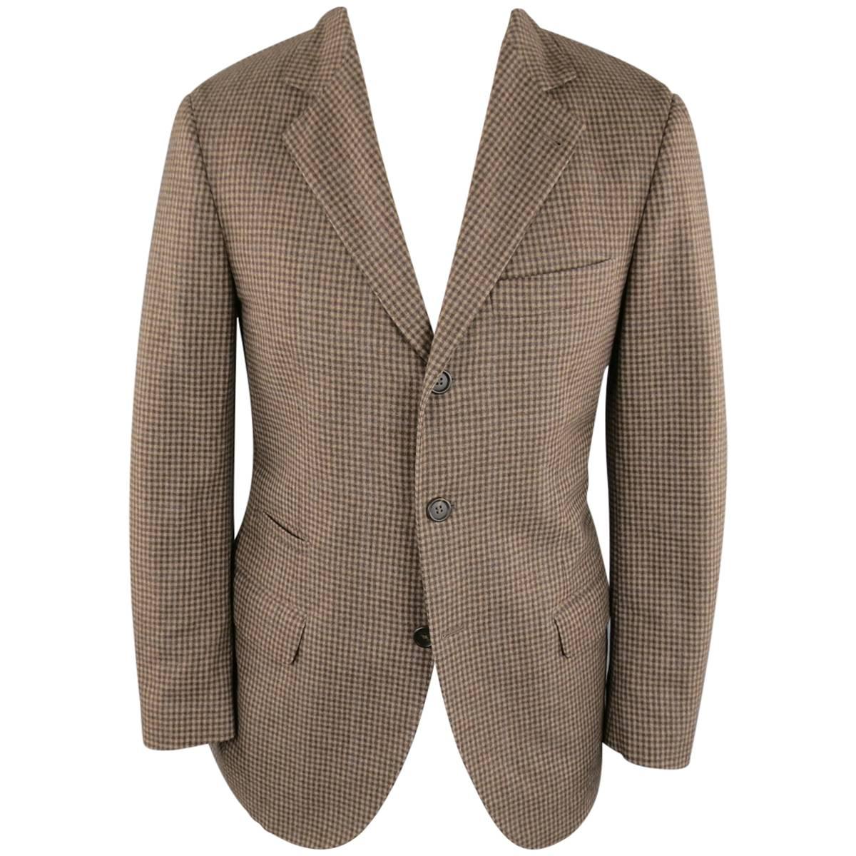 Men's BRUNELLO CUCINELLI 38 Short Tan & Brown Checkered Plaid Wool Sport Coat