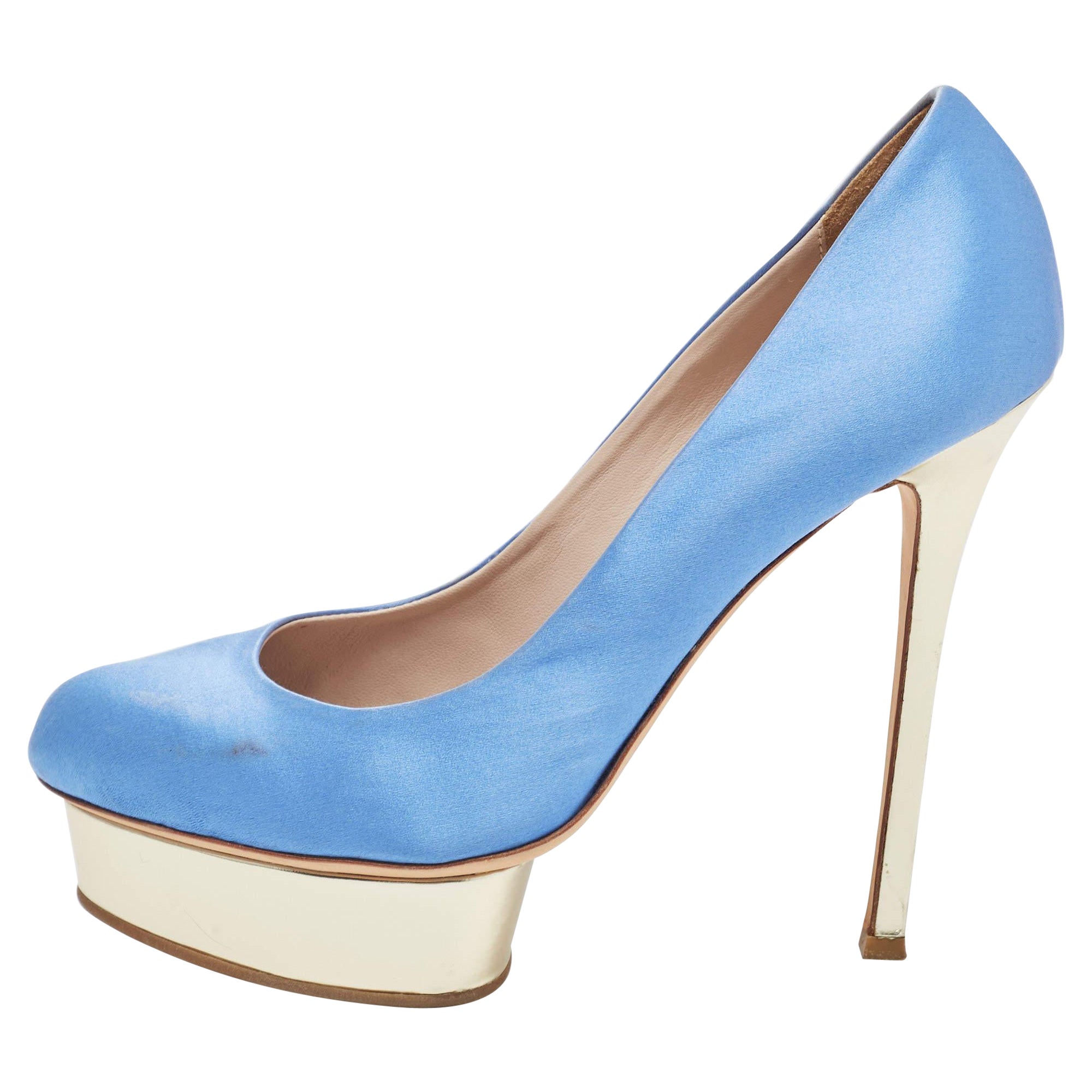 Le Silla Blue Satin Platform Pumps Size 39.5 For Sale