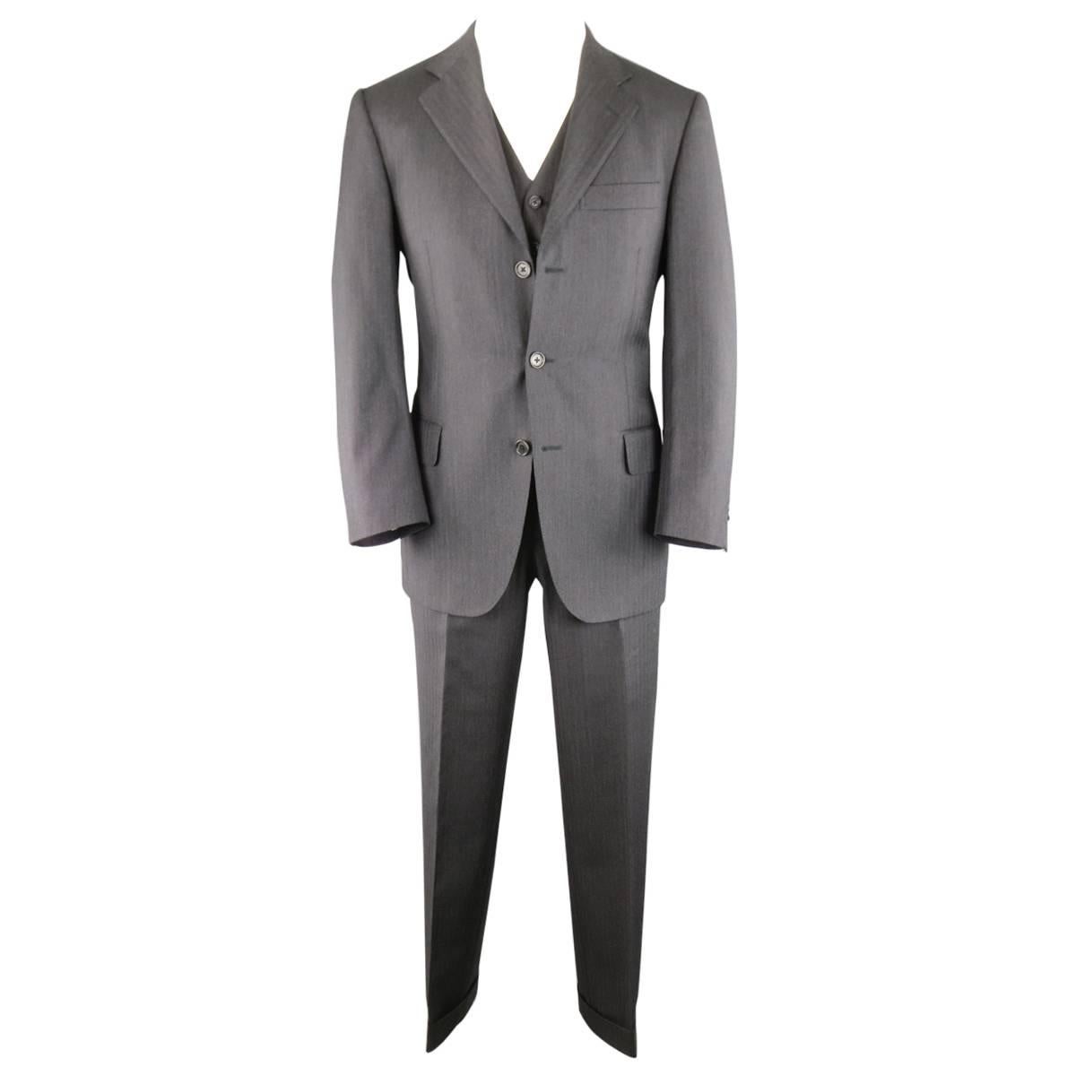 SALVATORE FERRAGAMO Suit - US 38 / 48 R Charcoal Herringbone Wool 3 Piece