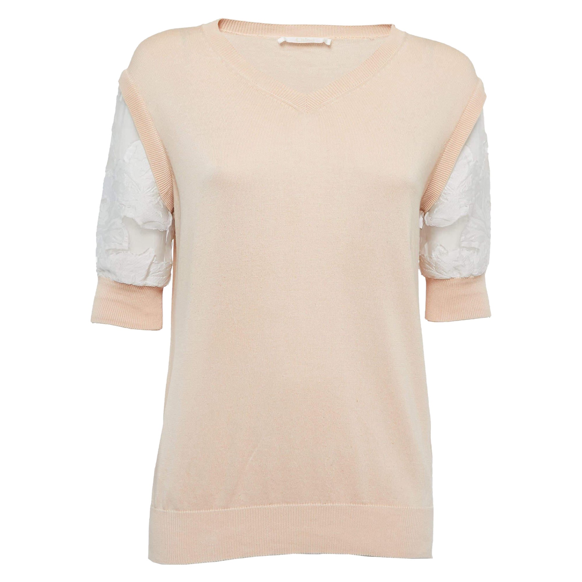 Chloe Beige Cotton Knit Floral Sleeve Detail Top XS en vente