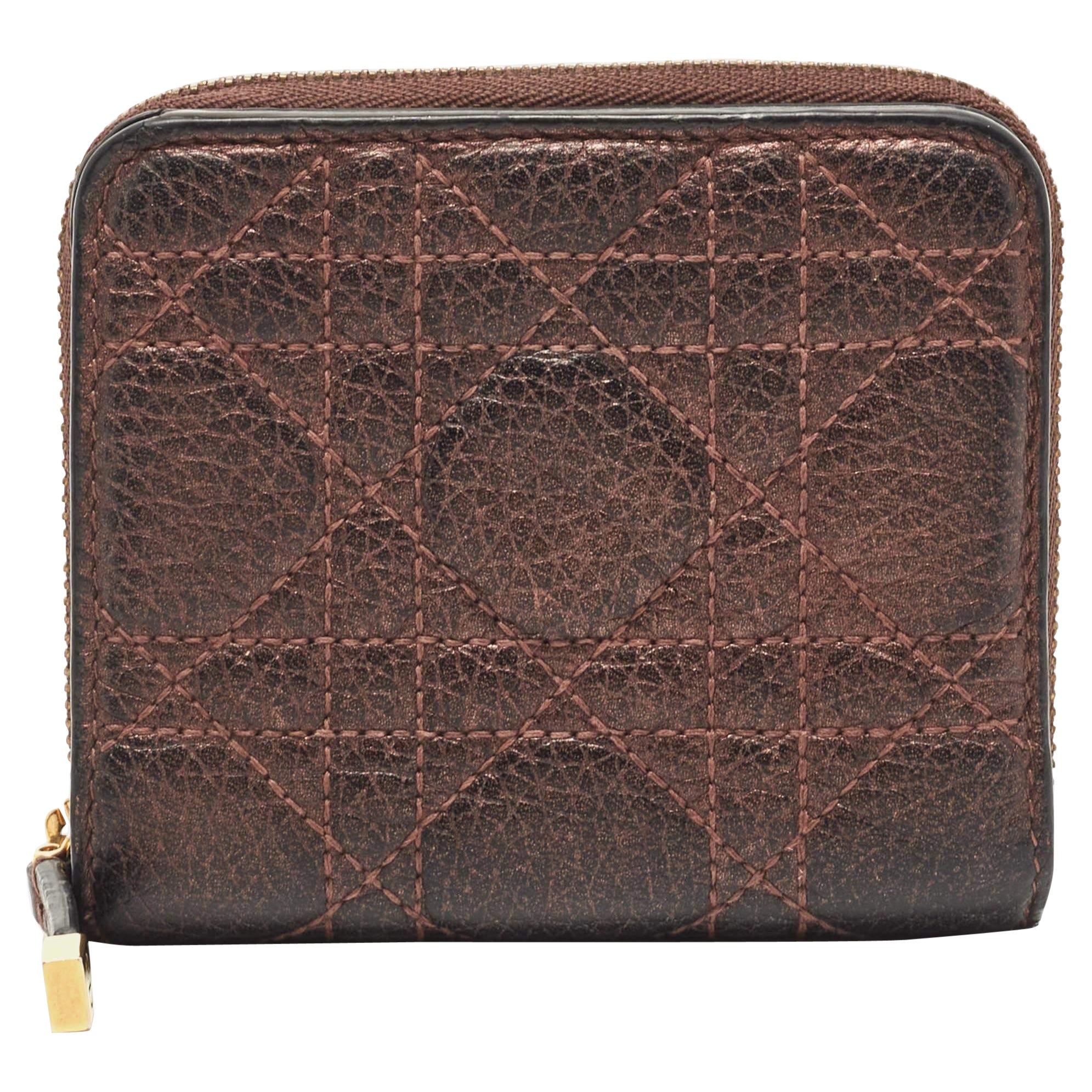 Dior Metallic Burgundy Cannage Leather Caro Compact Wallet For Sale