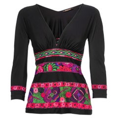 Roberto Cavalli Black Floral Printed Jersey V-Neck Top S