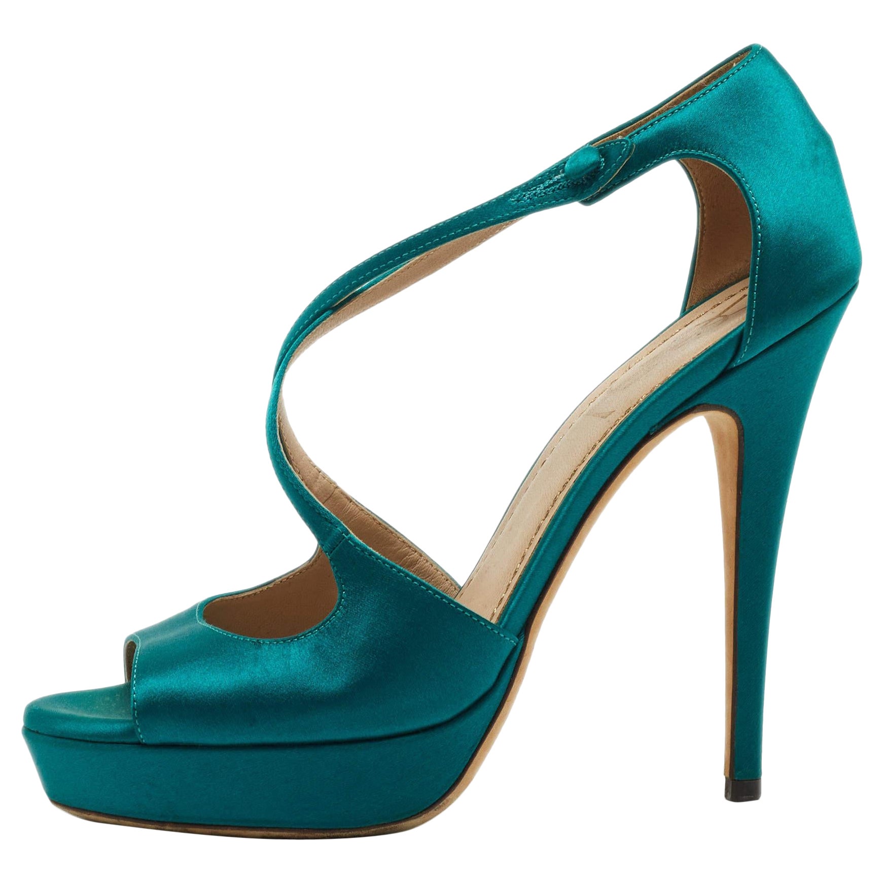 Saint Laurent Teal Satin Cross Strap Platform Sandals Size 38