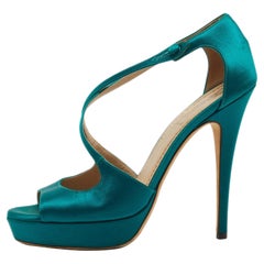 Saint Laurent Teal Satin Cross Strap Platform Sandals Size 38