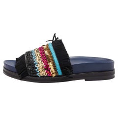 Tory Burch Black/Navy Blue Leather Embellished Isle Sildes Size 37.5