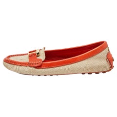 Tory Burch Beige/Orange Canvas and Leather Casey Loafers Size 37.5