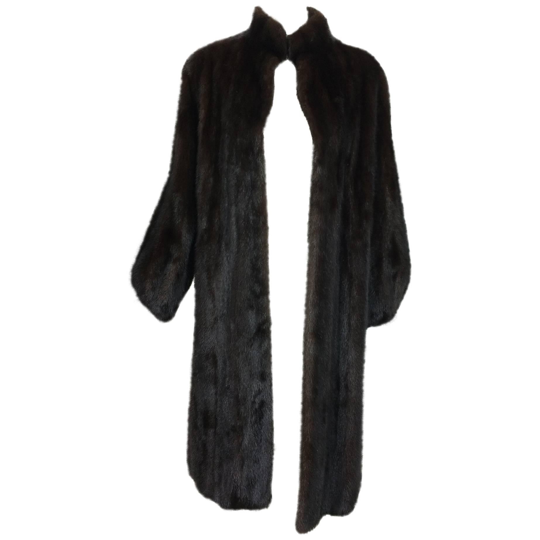 Full length lustrous dark mink coat with gathered cuffs 1960s
