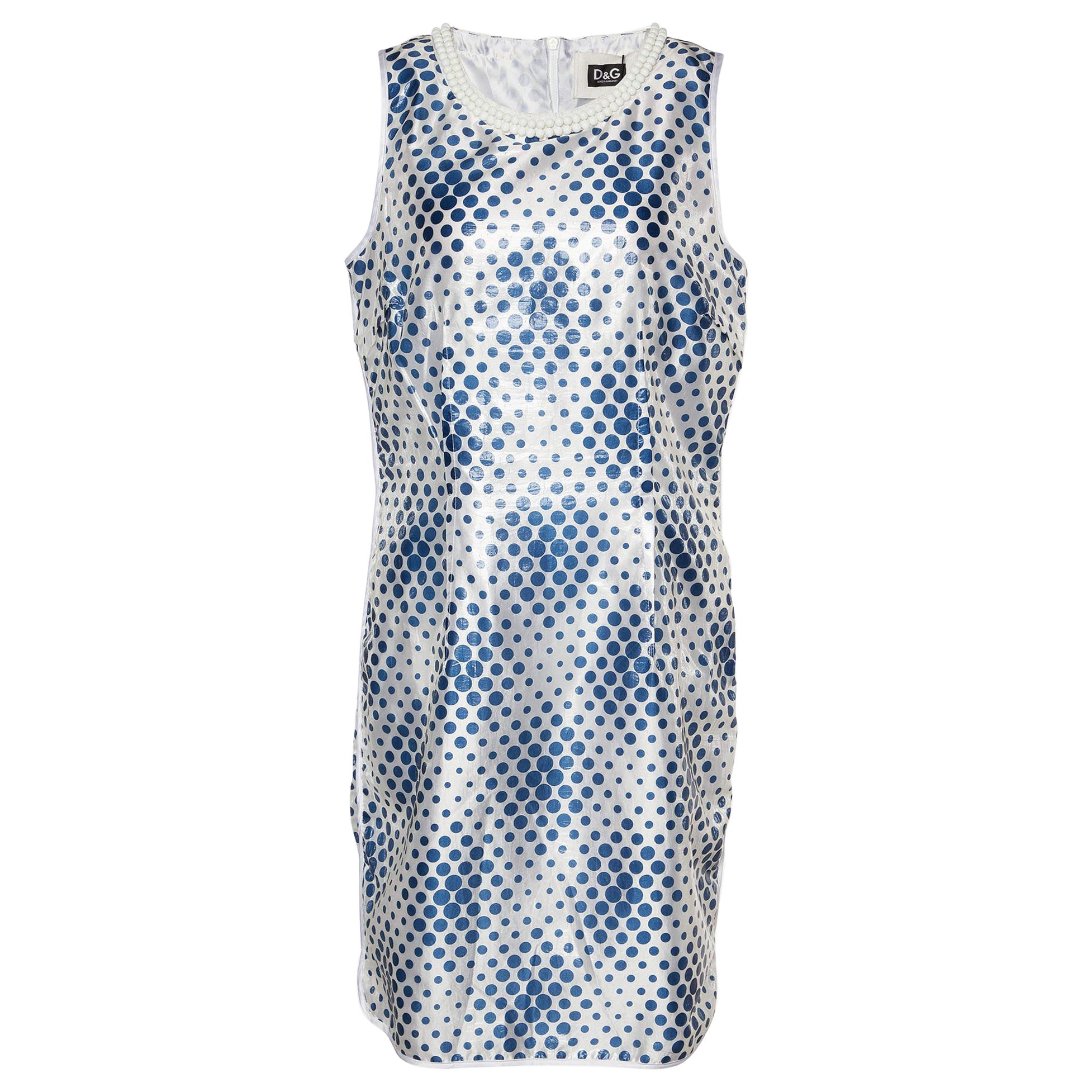 D&G White & Blue Dot Printed Silk Blend Sleeveless Midi Dress L For Sale