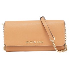 Michael Kors Beige Leather Jet Set Travel Wallet On Chain