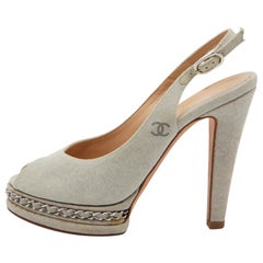 Chanel Grey Canvas CC Chain Link Platform Peep Toe Slingback Pumps Size 37.5