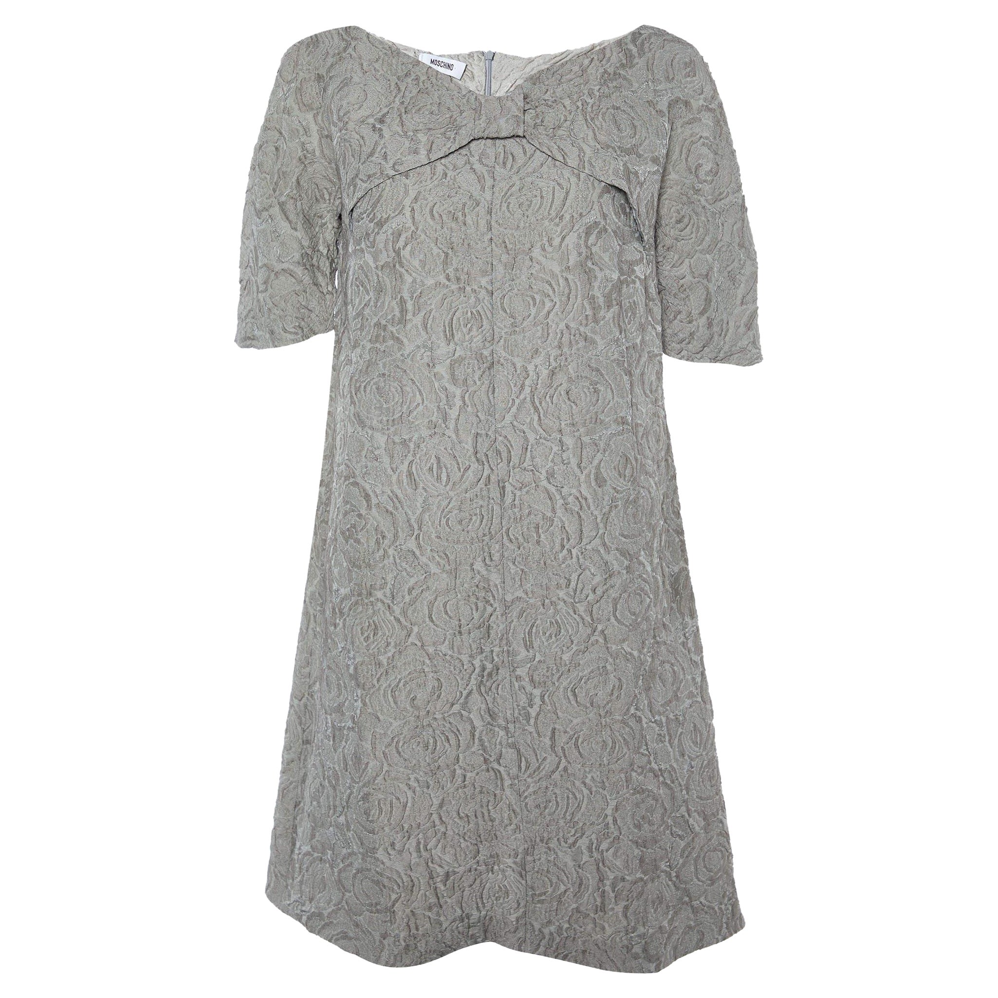 Moschino - Vestito a ruota con fiocco in jacquard floreale grigio M. in vendita