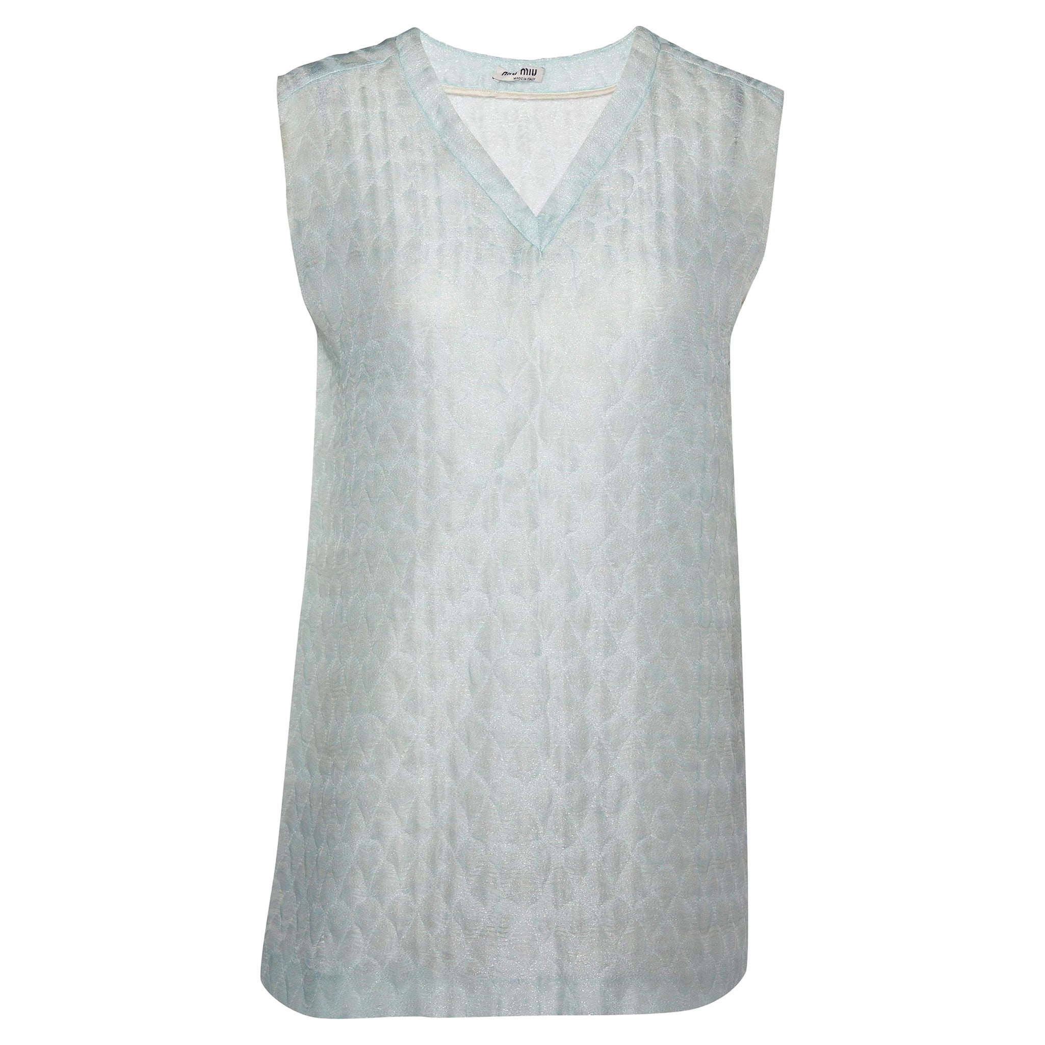 Miu Miu Top sin mangas de mezcla de seda y lúrex con estampado azul L en venta