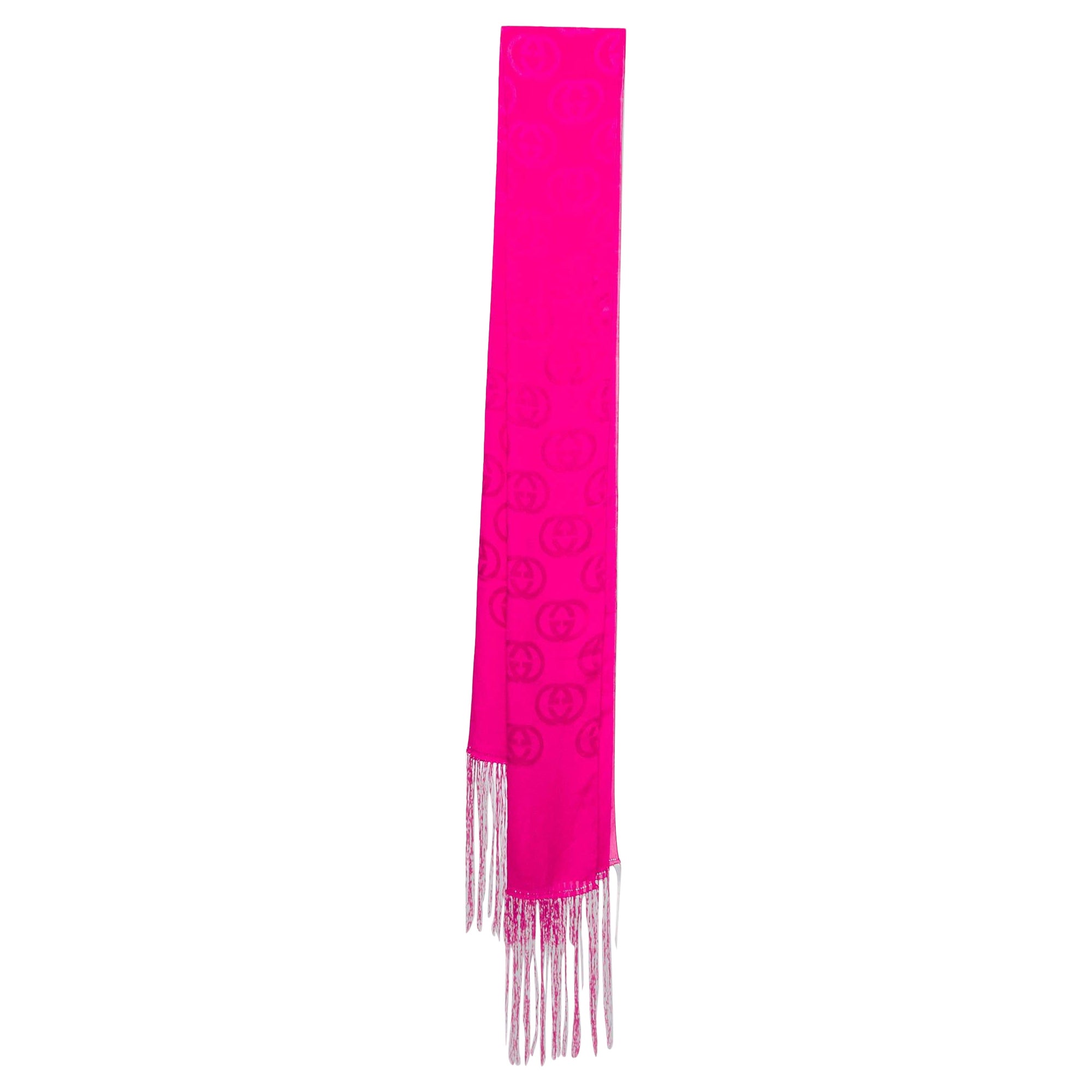 Gucci Fuchsia Pink GG Pattern Silk Fringed Stole