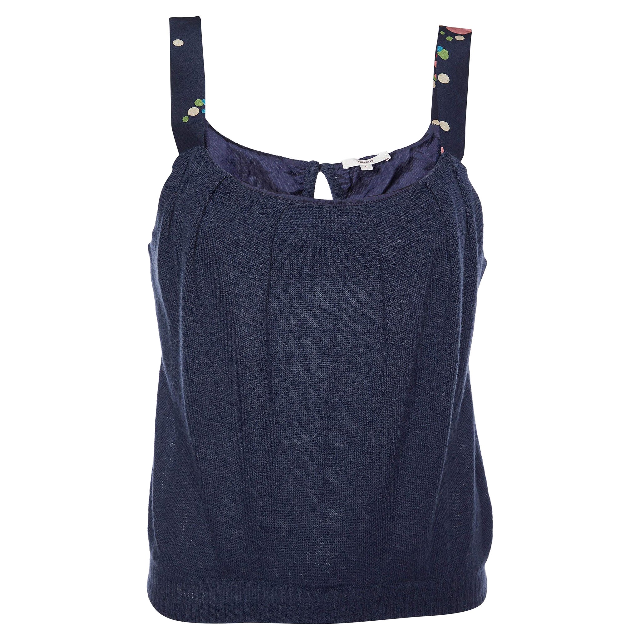 Kenzo Navy Blue Alpaca Knit & Silk Sleeve Tank Top L For Sale