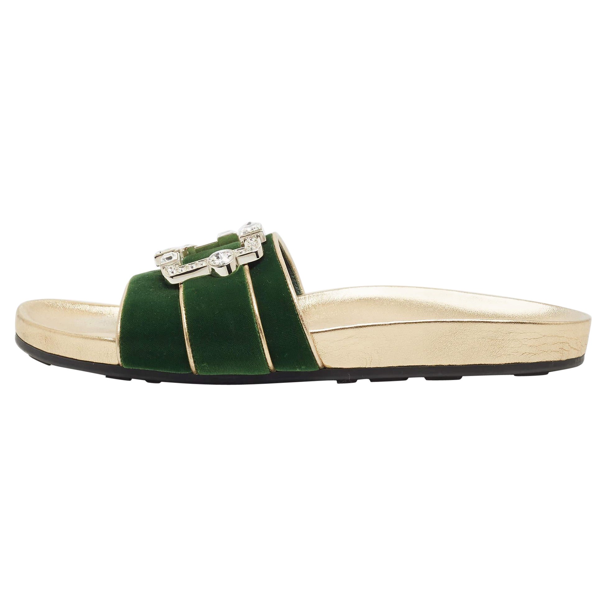 Prada Green/Gold Velvet And Leather Buckle Detail Slides Sizes 39.5 For Sale