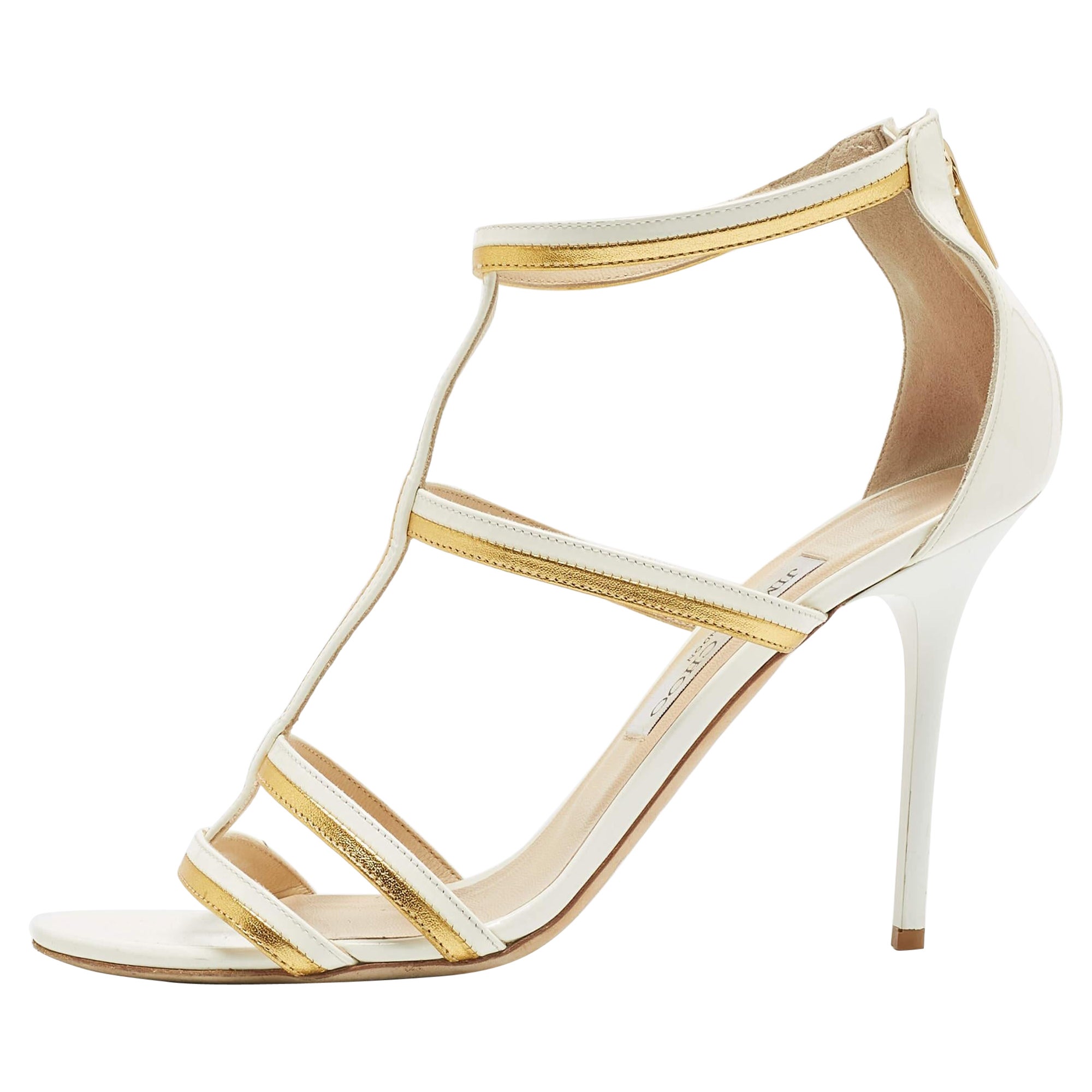 Jimmy Choo White/Gold Patent and Leather Ankle Sandals Size 39.5 For Sale