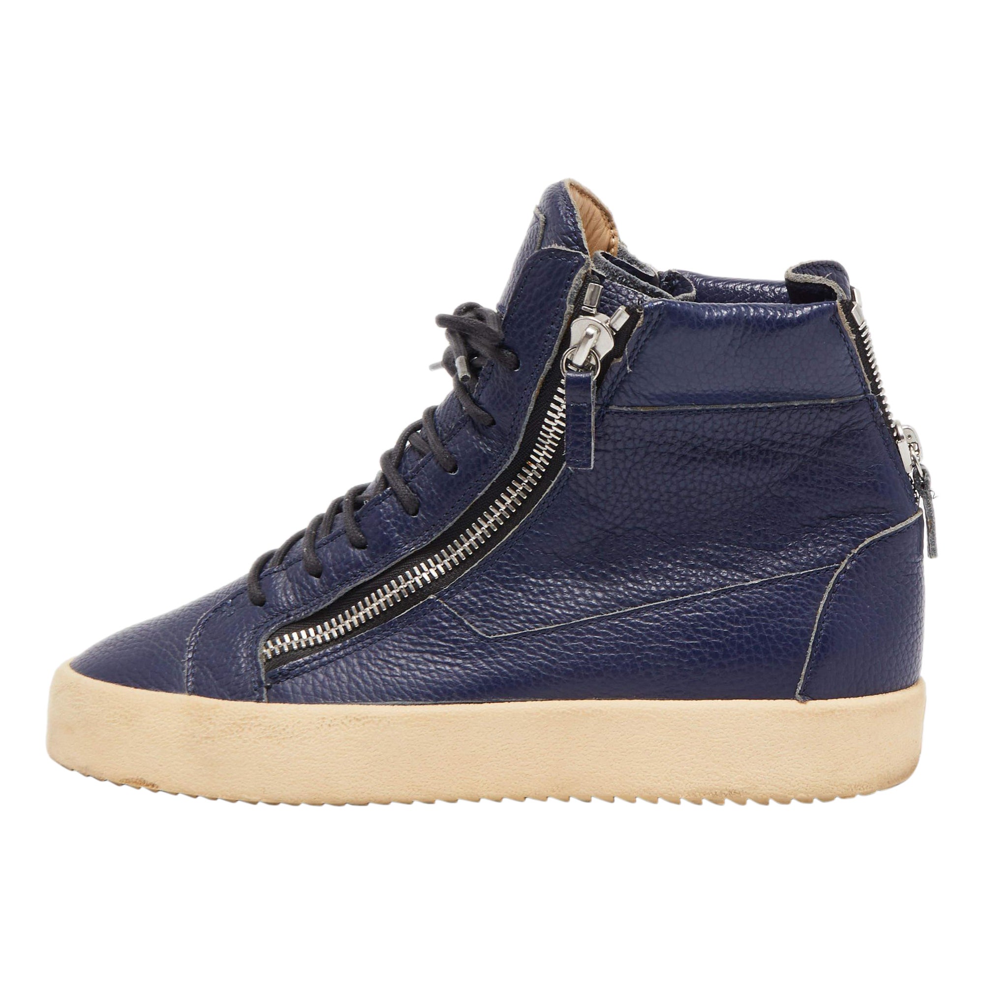 Giuseppe Zanotti Navy Blue Leather High Top Sneakers Size 43