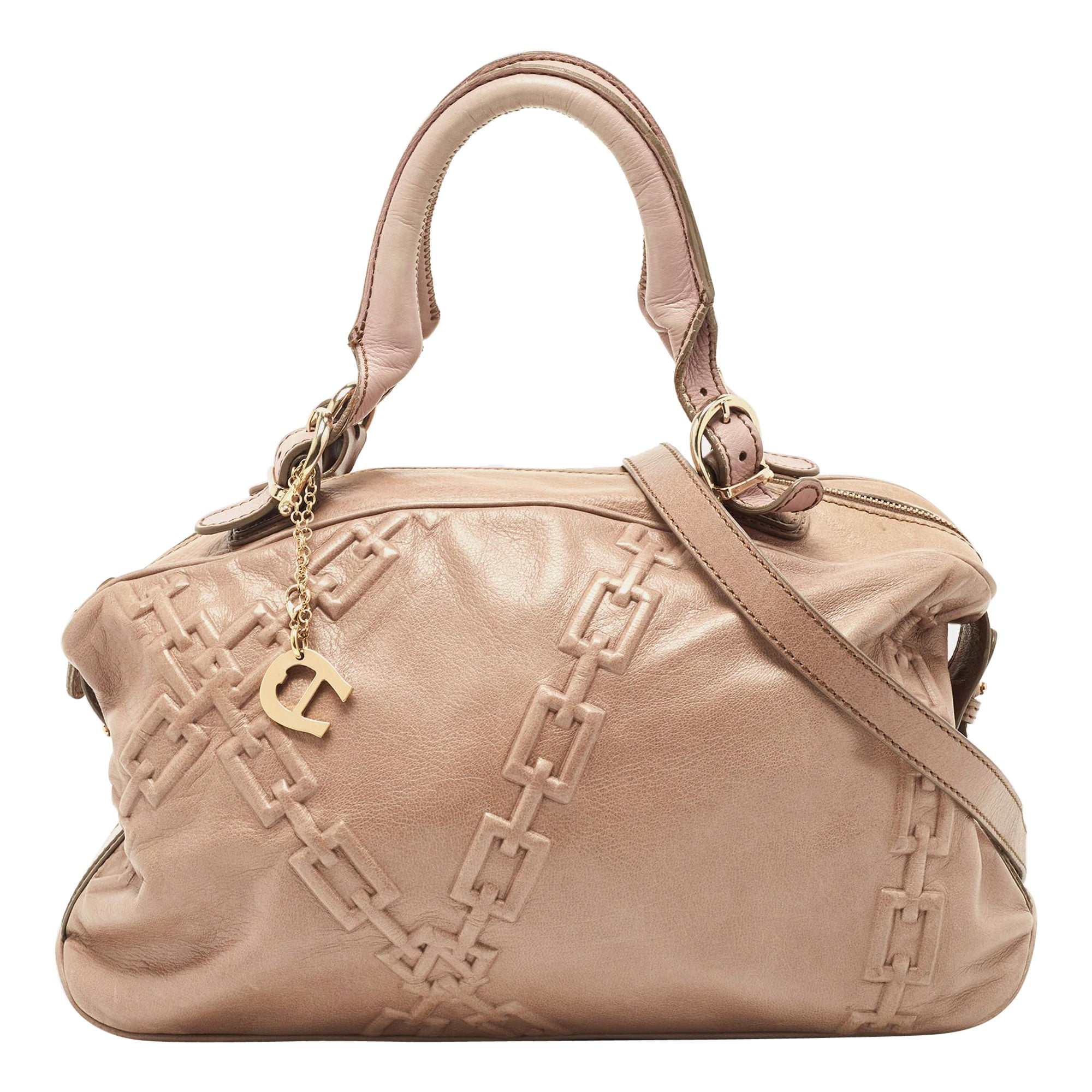Aigner Mauve Embossed Leather Logo Charm Satchel For Sale